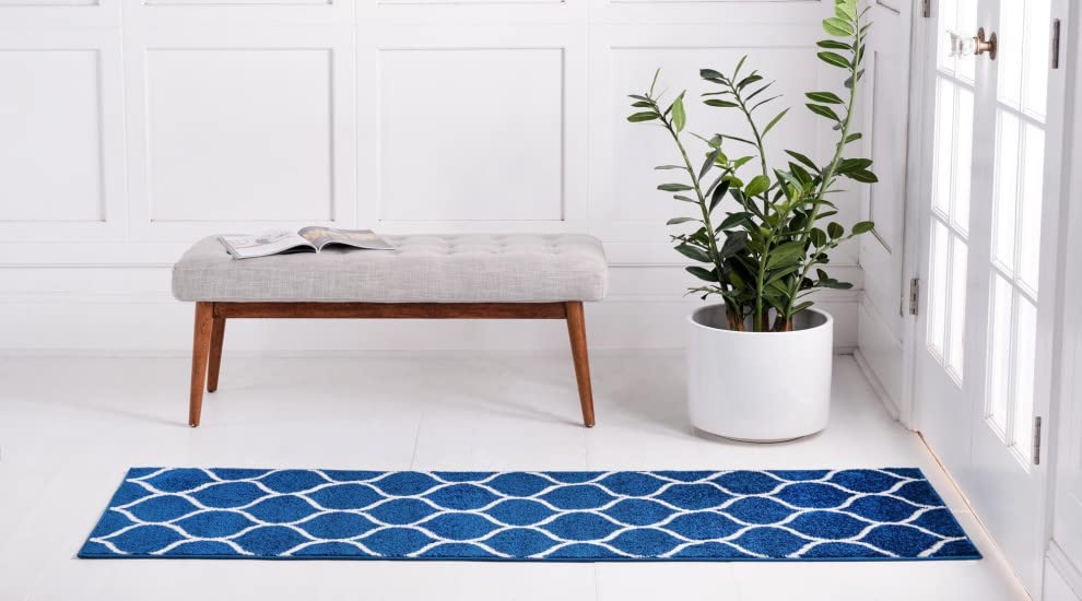 Unique Loom Trellis Frieze Collection Area Rug - Rounded (2' X 8' 8'' Runner, Navy Blue/ Ivory)