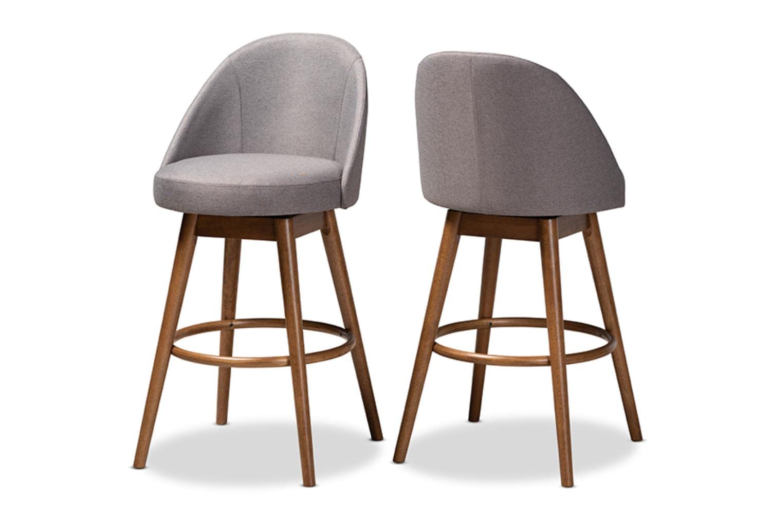 Baxton Studio Carra Mid-Century Modern Grey Fabric Upholstered Walnut-Finished Wood Swivel Bar Stool (Set of 2)