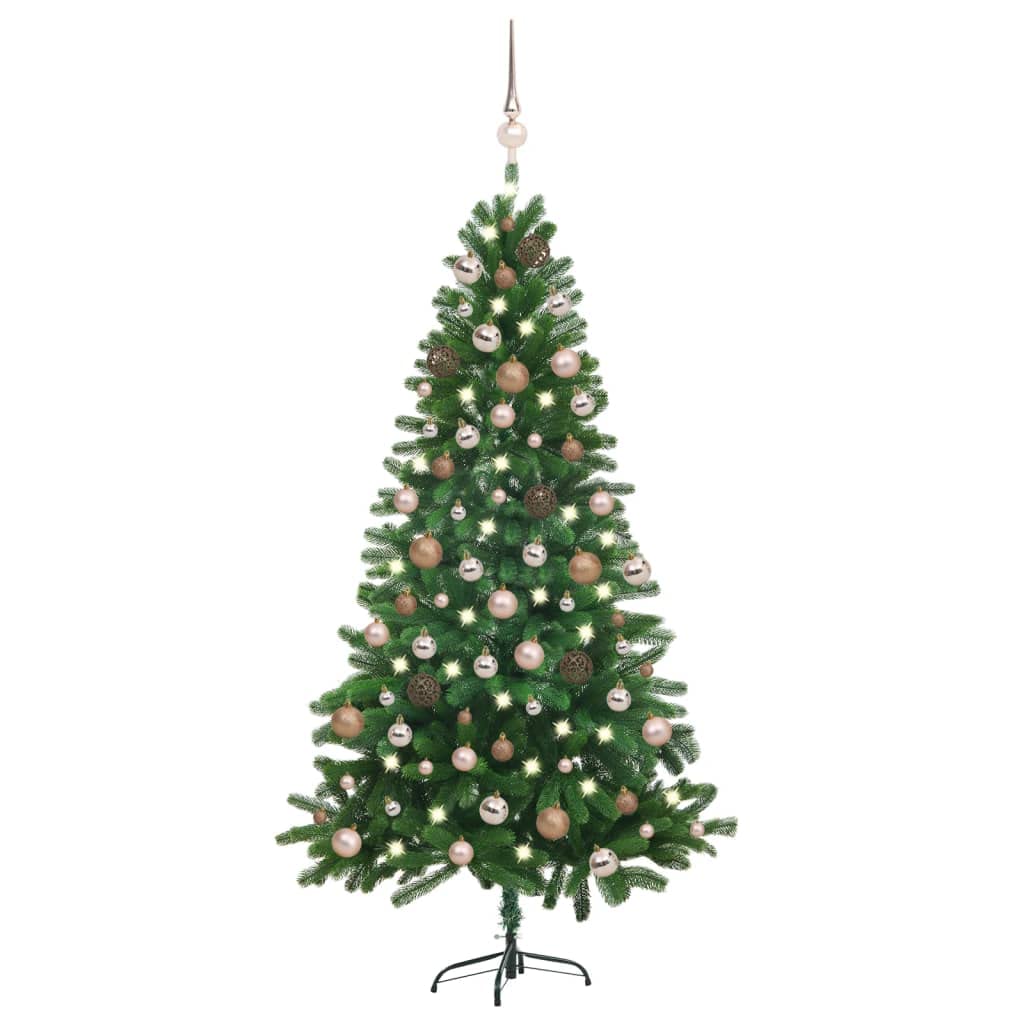 Vidaxl Green Artificial Christmas Tree With Leds And Ball Set, Lifelike Needle Pe Branches, Weather Resistant, Economical And Reusable, 70.9 Inches Height With 35.4 Inches Diameter