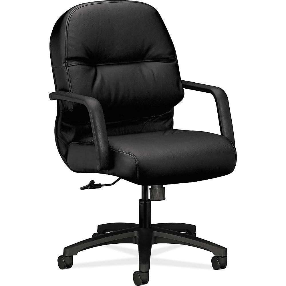 Pillow-Soft Mid-Back Leather Office Chair With Arms Leather: Black