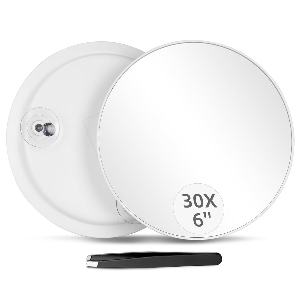 Round 30X Magnifying Mirror, 6 Inch Magnified Mirror with Three Mounting Suction Cups, Compact Magnifying Mirror and Tweezers, 3
