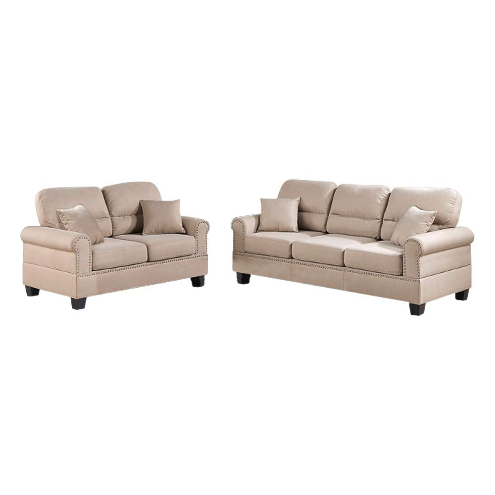 Benzara Sand Fabric Sofa With Loveseat And Cushions Beige
