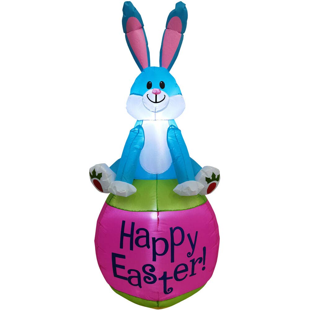 5-Ft. Tall Blue Bunny Rabbit Sitting On A Happy Easter Egg, Outdoor/Indoor Blow Up Spring Inflatable With Lights