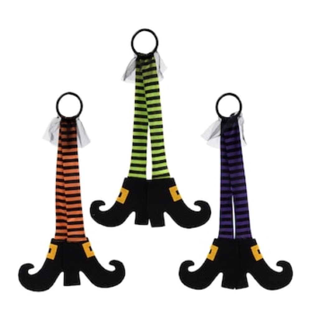 Halloween Dangling Witch Leg Decorations 22Hx15W, Green, Orange & Purple Striped Stockings 3/Pk