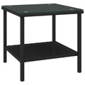 vidaXL Black Poly Rattan Side Table - Tempered Glass Tabletop - Durable Powder-Coated Steel Frame - Additional Storage Shelf - I