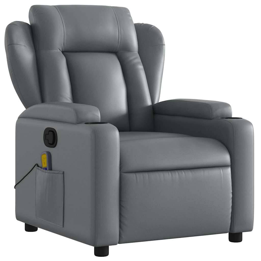 vidaXL Massage Recliner Chair - Gray Faux Leather, Manual Recline, 6-Point Vibration, Cup Holders, Side Pocket, Living Room & Office