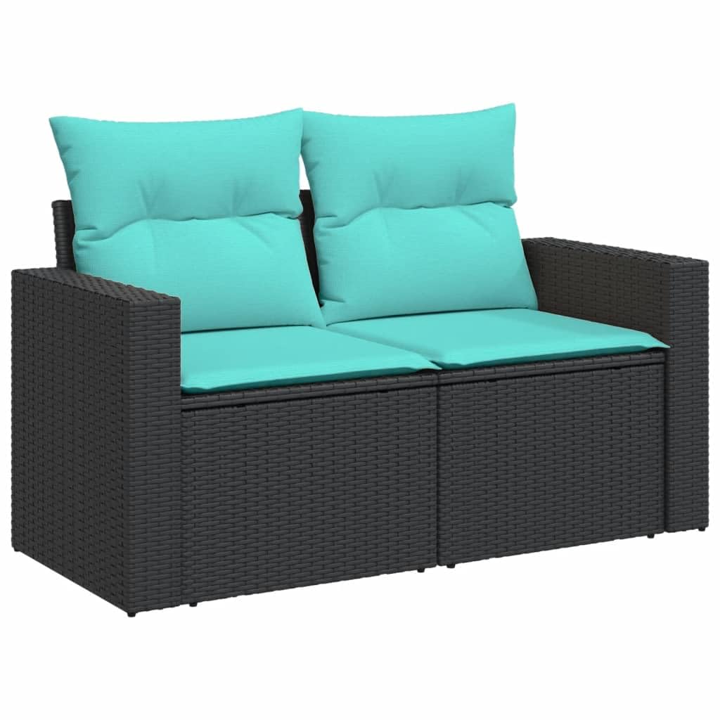 vidaXL Patio Sofa with Cushions - 2-Seater Outdoor Loveseat - Black Poly Rattan - Comfortable, Weather-Resistant, Storage Function