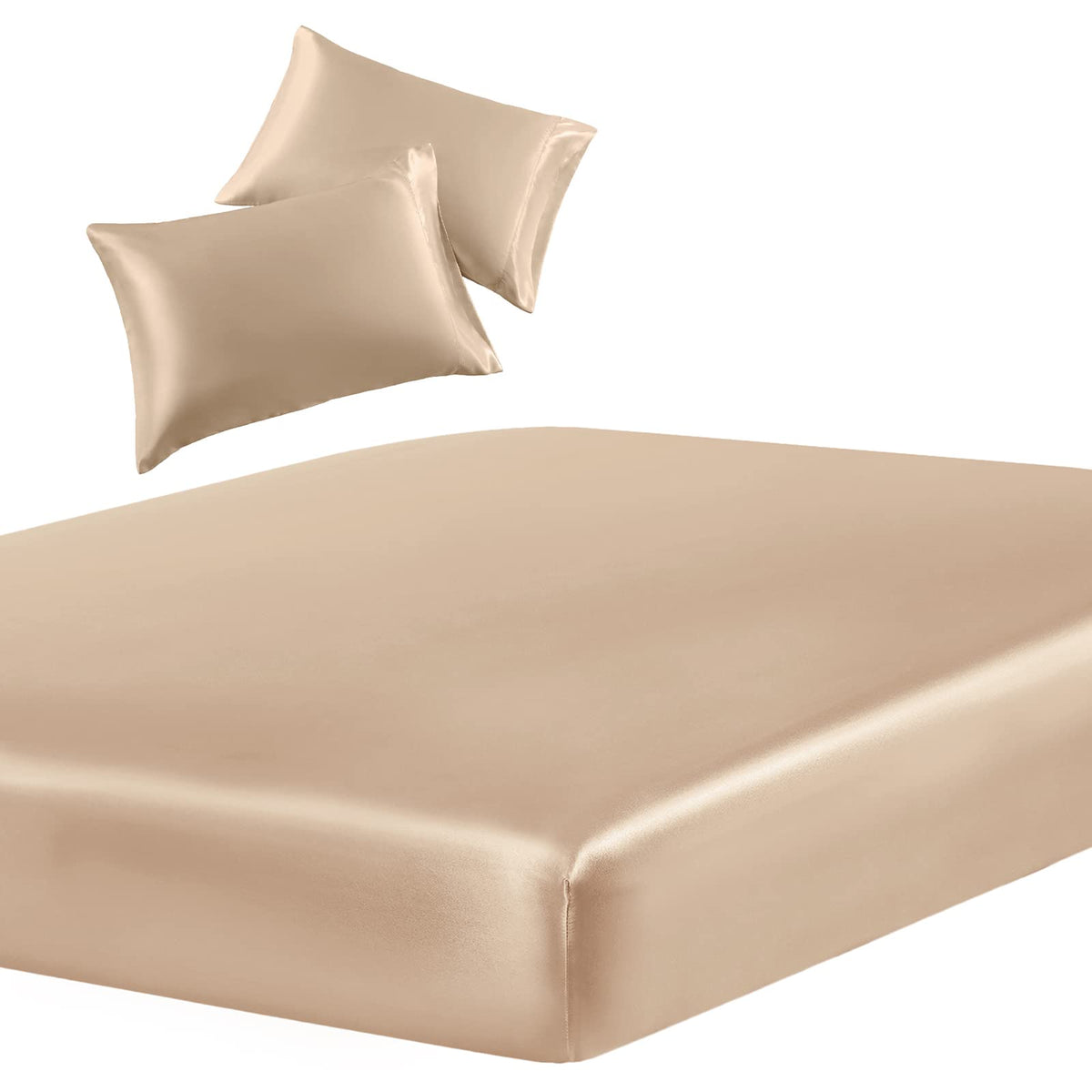 Siinvdabzx 3-Piece Set Satin Full Fitted Sheet & 2 Pillowcase, Beige Silky Soft Fitted Bottom Sheet, Wrinkle Free, Fade Resistan
