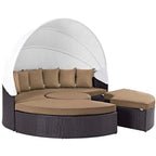 Modway Convene Wicker Rattan Outdoor Patio Retractable Canopy Round Poolside Sectional Sofa Daybed With Cushions In Espresso Mocha