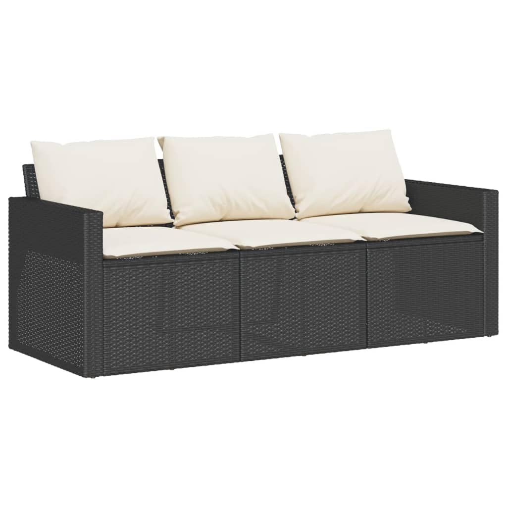 vidaXL Patio Sofa with Cushions 3-Seater Outdoor Seating Black Poly Rattan - Weather Resistant & Removable Covers