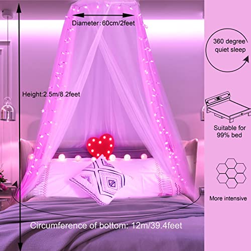 Obrecis Pink Bed Canopy For Girls, Bedroom Decor Princess Canopy Bed Curtain With Lights, 100 Led Star Fairy String Lights Hangi