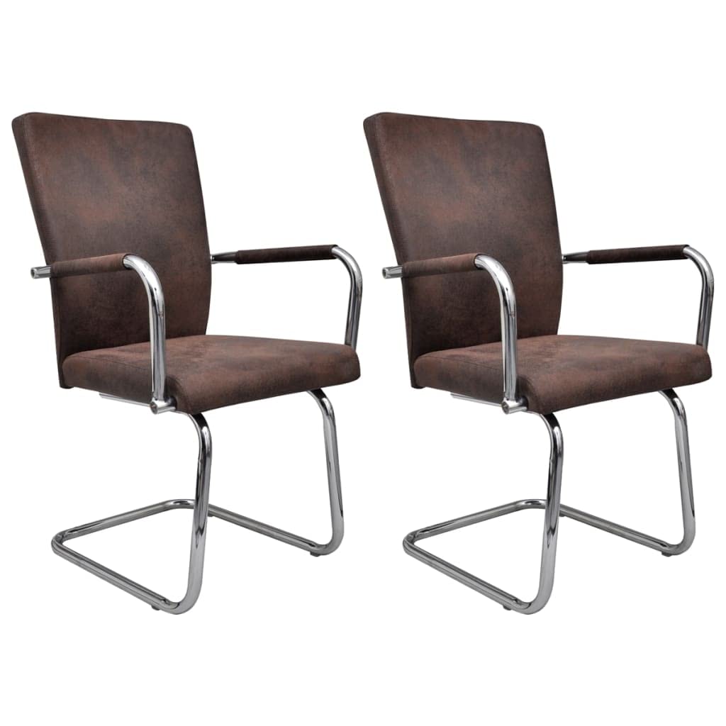 vidaXL Modern Cantilever Dining Chairs with Armrest - Set of 2, Faux Suede Leather and Powder-Coated Iron - Elegant Design, Padded Comfort, Brown