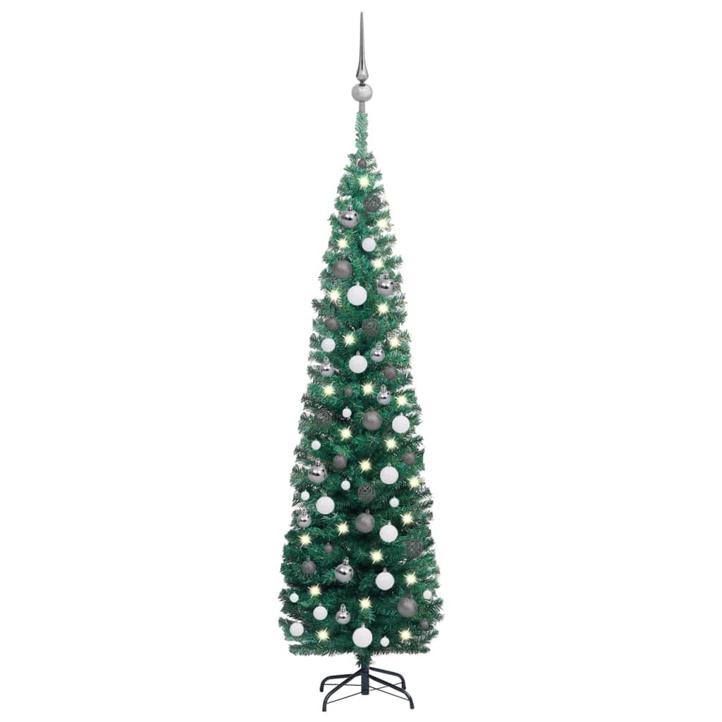 Vidaxl Slim Artificial Christmas Tree 70.9&quot; With Leds, Decorative White And Gray Ball Set, Sturdy Steel Stand, Energy-Efficient, Usb Connector, Green And Gray Pvc Material