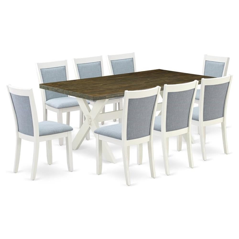 East West Furniture X077MZ015-9 9 Piece Dining Room Furniture Set Includes a Rectangle Dining Table with X-Legs and 8 Baby Blue Linen Fabric Parsons Chairs, 40x72 Inch, Multi-Color