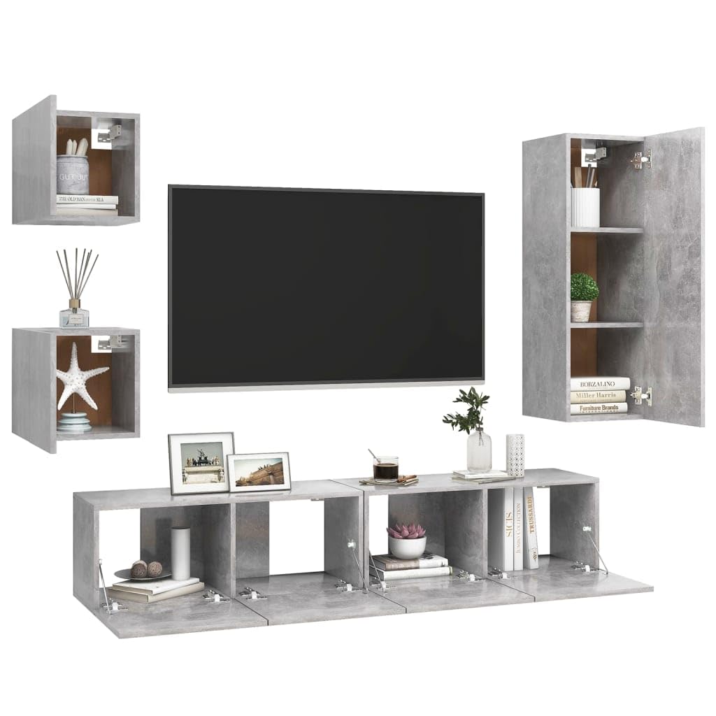 vidaXL TV Cabinet Set 5 Piece Living Room Bedroom Furniture HiFi Stereo Cabinet TV Stand Media Unit Entertainment Center Engineered Wood Concrete Gray