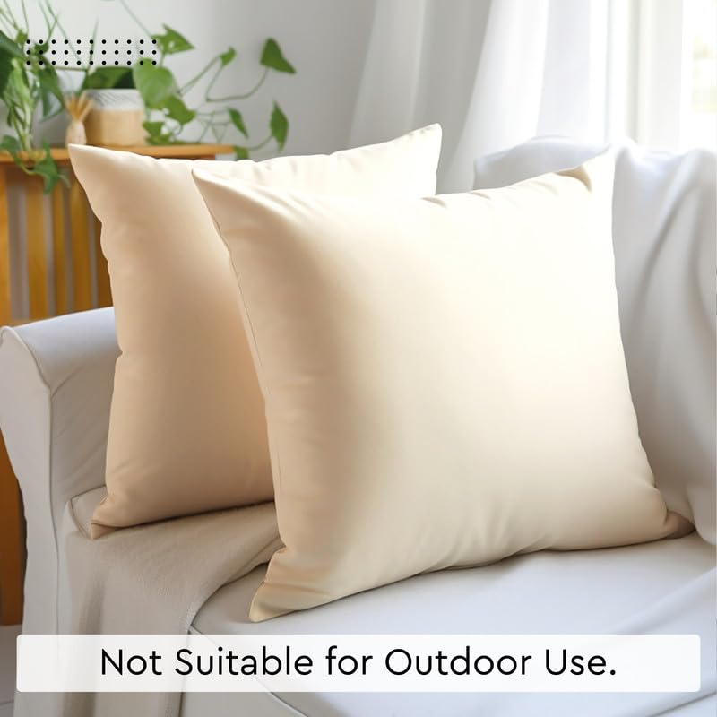 Cotton Canvas Throw Pillow Covers By Encasa Pack Of 2 Natural 16'X16' No Insert With Hidden Zipper | Decorative Cushion Covers