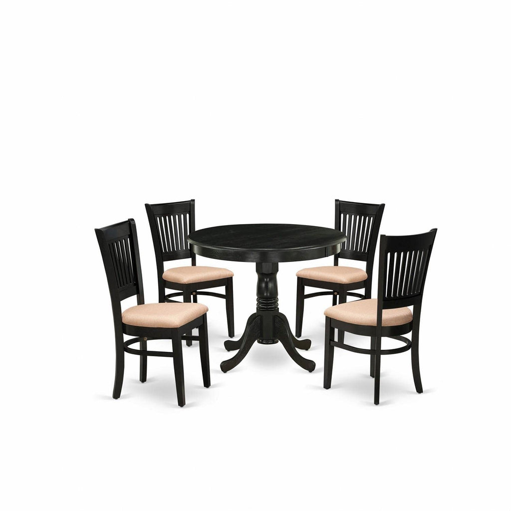 East West Furniture Anva5-Blk-C 5 Piece Dining Room Furniture Set Includes A Round Dining Table With Pedestal And 4 Linen Fabric Upholstered Chairs, 36X36 Inch, Black