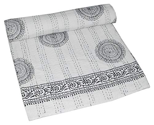 YUVANCRAFTS Hnad Block Floral Print Kantha Quilt Handmade Pure Cotton Kantha Quilt Queen Blanket Bedspreads Throw
