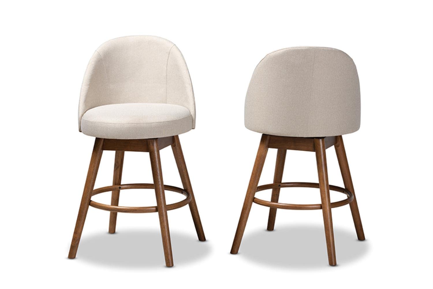 Baxton Studio Carra Mid-Century Modern Light Beige Fabric Upholstered Walnut-Finished Wood Swivel Counter Stool (Set of 2)