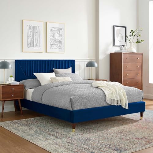 Modway Yasmine Channel Tufted Performance Velvet Queen Platform Bed In Navy