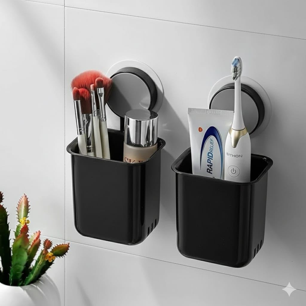 SelfAdhesive Toothpaste Holder | Tooth Brush Holder Bathroom Wall Mounted | Bathroom Organiser Without Drill (Black)
