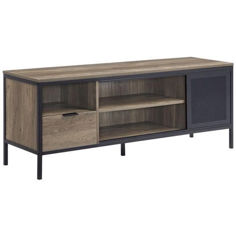 Acme Nantan Wooden TV Stand with Sliding Door in Rustic Oak and Black