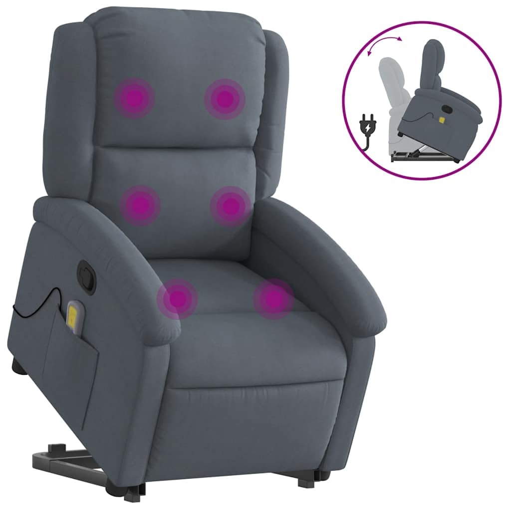 vidaXL Dark Gray Velvet Massage Recliner Chair - Stand Up Power Lift, Manual Recline, USB Vibration Massage, Side Pocket, Supportive Frame