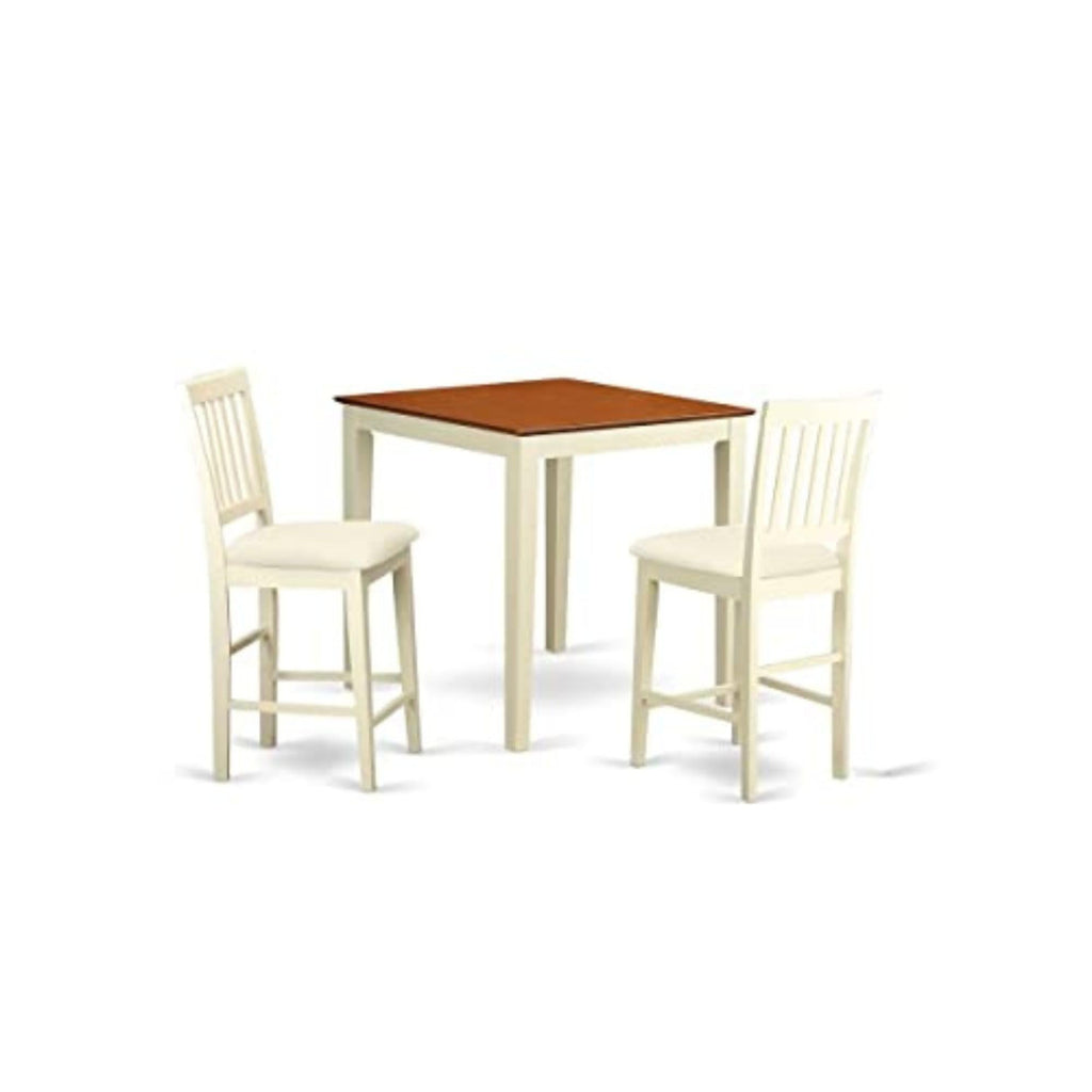 East West Furniture VERN3-WHI-C 3 Piece Counter Height Dining Set for Small Spaces Contains a Square Wooden Table and 2 Linen Fabric Upholstered Chairs, 36x36 Inch, Buttermilk & Cherry