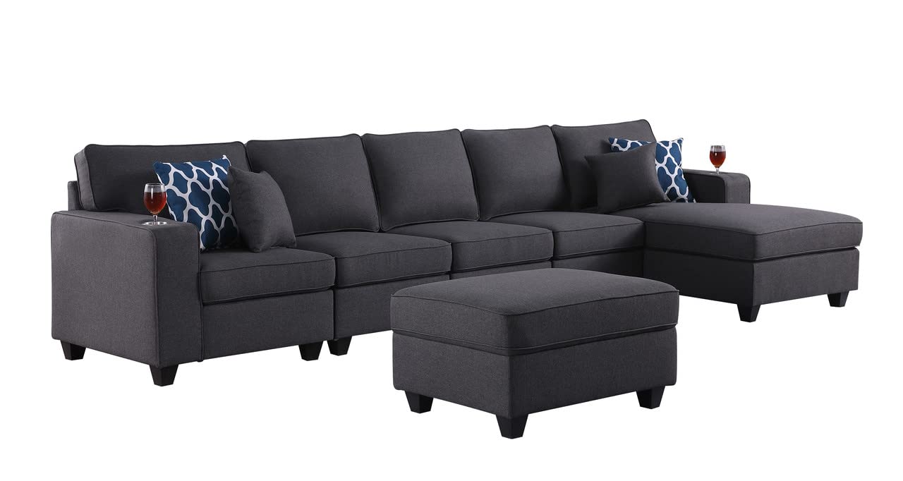 Lilola Home Cooper Stone Gray Woven Fabric 6Pc Sectional Sofa Chaise with Ottoman and Cupholder