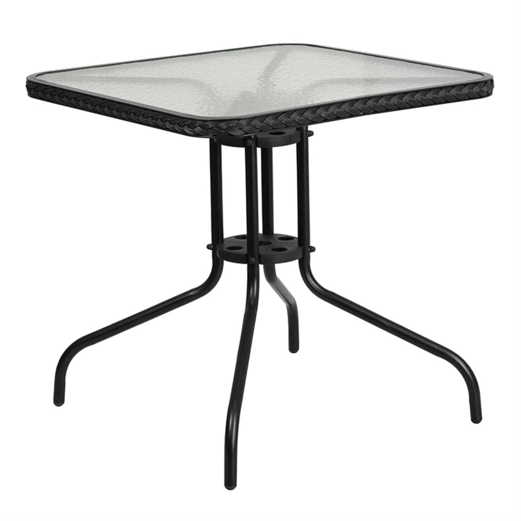 Flash Furniture Lila 28'' Square Glass Metal Table with Black Rattan Edging and 2 Black Rattan Stack Chairs