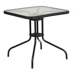 Flash Furniture Lila 28'' Square Glass Metal Table with Black Rattan Edging and 2 Black Rattan Stack Chairs