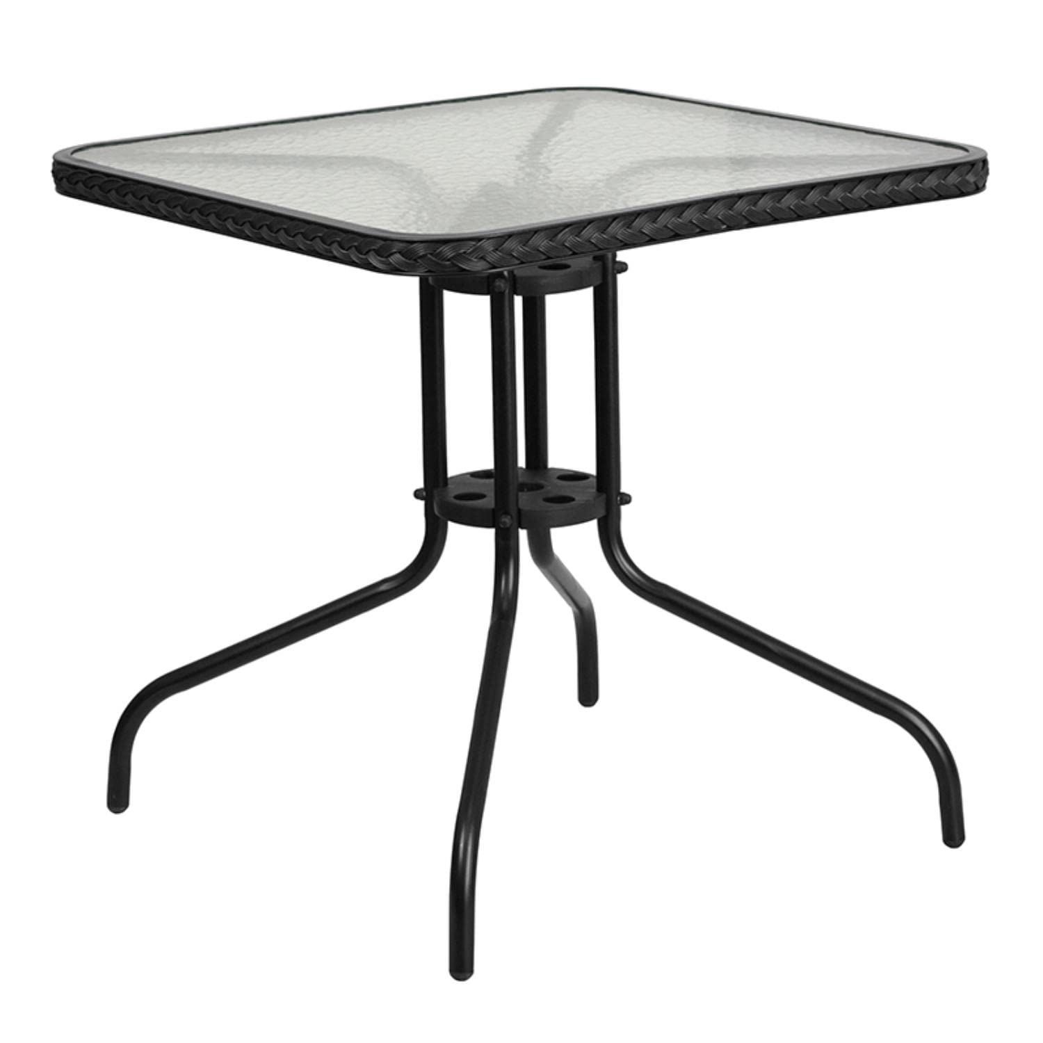 Flash Furniture Lila 28'' Square Glass Metal Table with Black Rattan Edging and 2 Black Rattan Stack Chairs