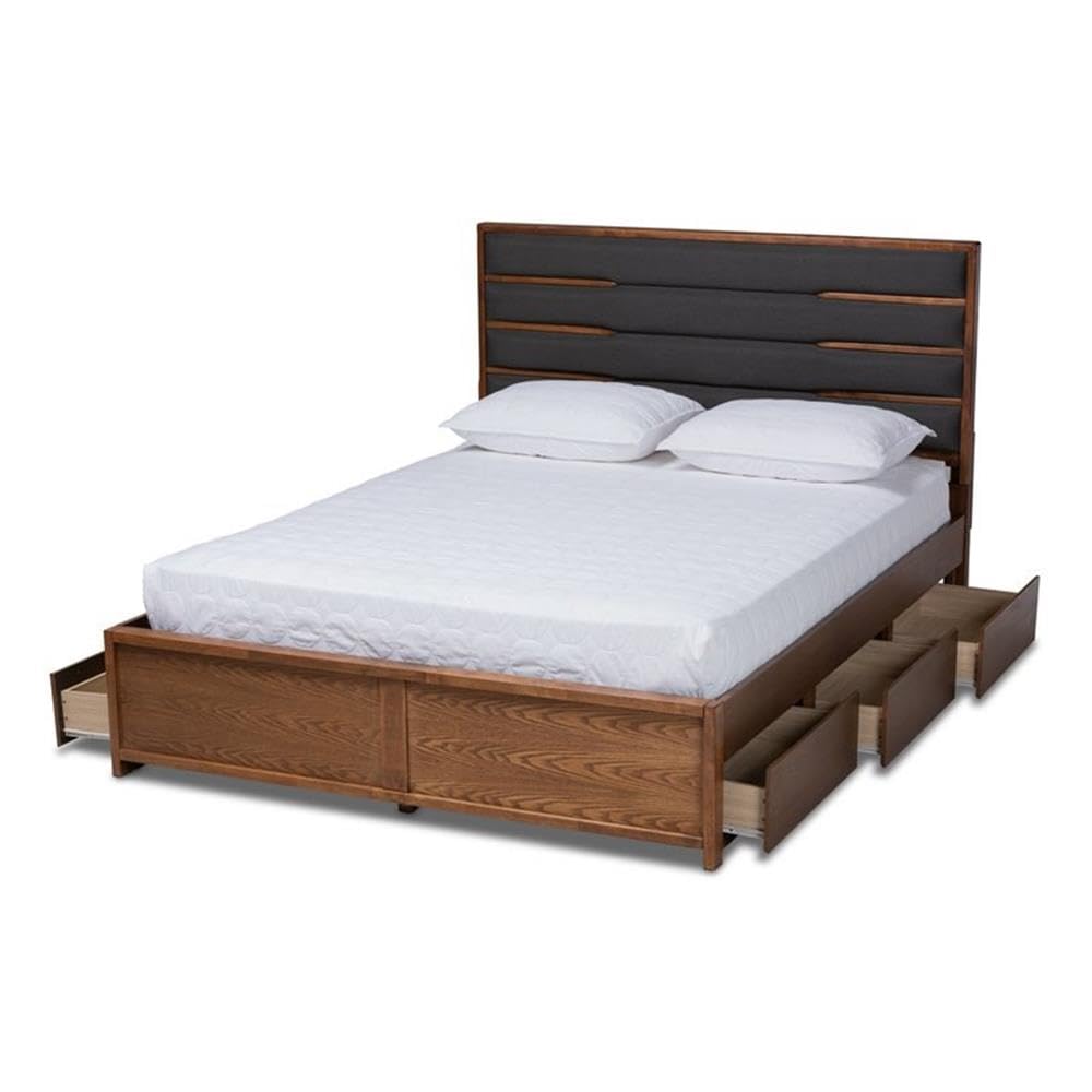 Baxton Studio Elin Modern and Contemporary Dark Grey Fabric Upholstered Walnut Finished Wood King Size Platform Storage Bed with Six Drawers