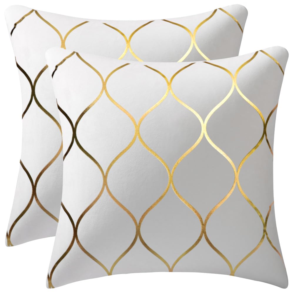 Dezene Gold Velvet Throw Pillow Covers Off White: 2 Pack 20X20 Inch Square Decorative Pillow Cases For Bedroom Sofa Couch Living