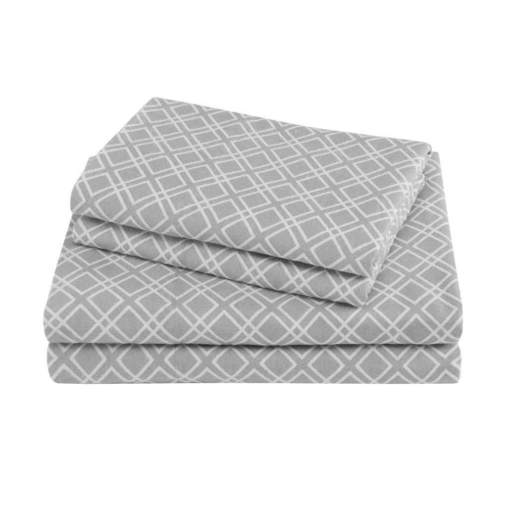 Comfort Spaces Cotton Flannel Breathable Warm Deep Pocket Sheets With Pillow Case Bedding, Twin, Geo Grey, 3 Piece