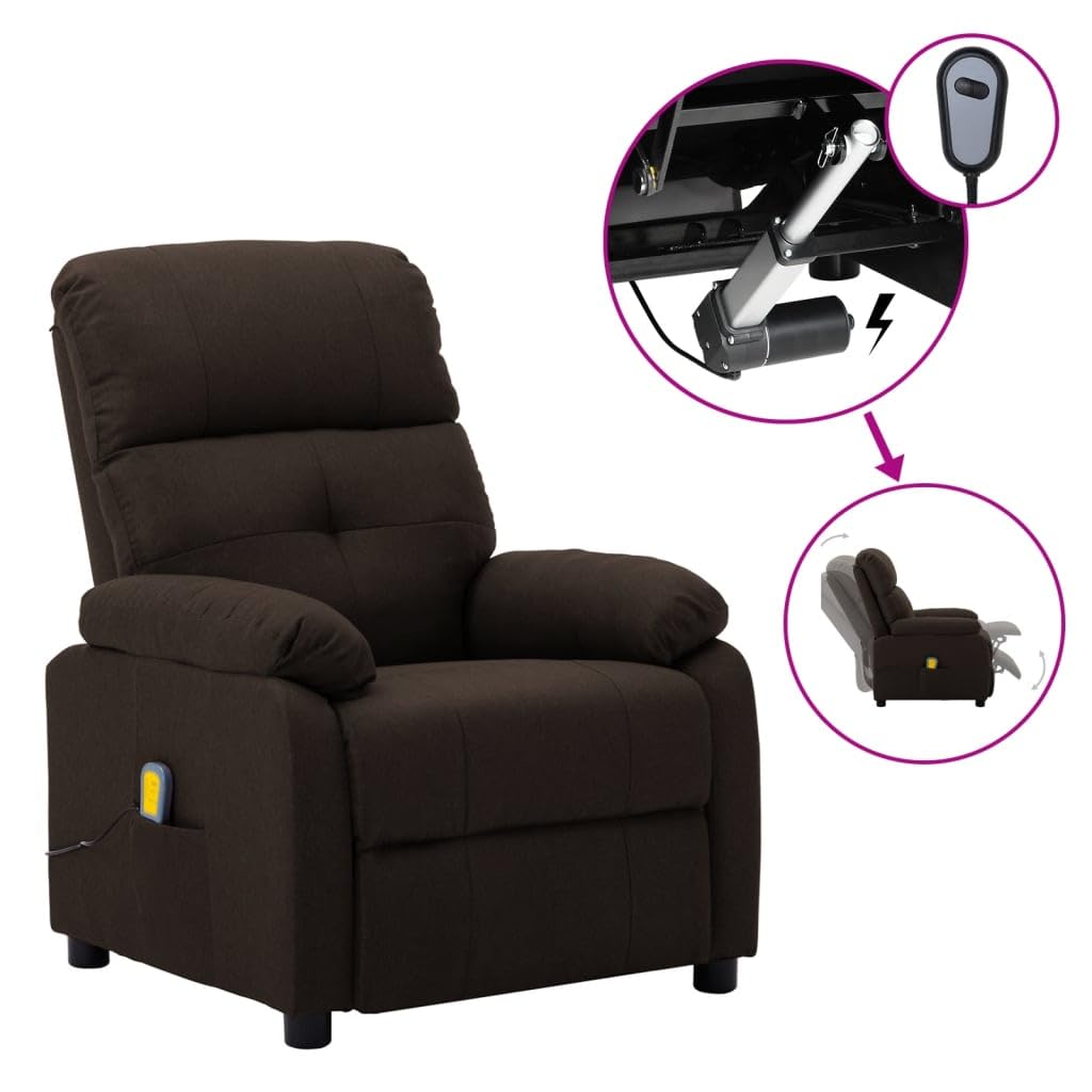 vidaXL Adjustable Massage Recliner - Dark Brown Fabric - High Comfort with Heating Function, Durable Upholstery, Side Pocket & Easy Assembly