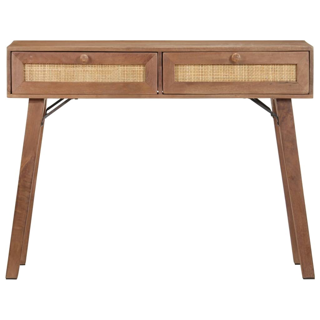 vidaXL Solid Mango Wood Console Table - Rectangular Bohemian Style Table with Wheat Finish, 2 Drawers, Natural Cane - Easy Assembly Required - Perfect for Hallways or Entryways.