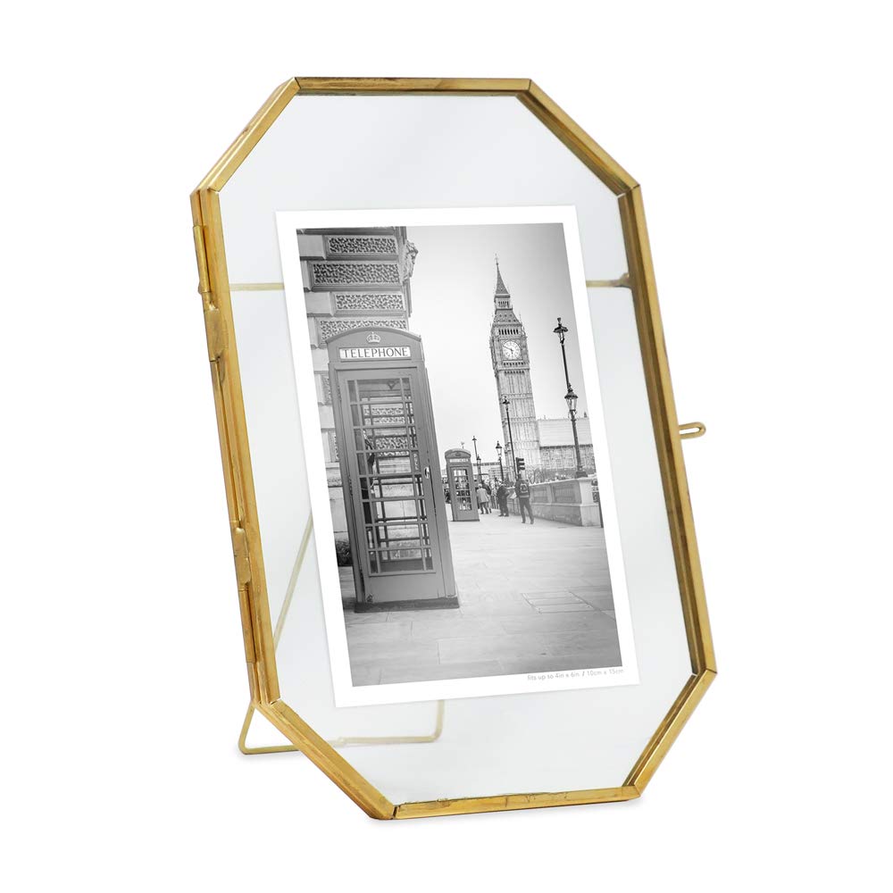 Isaac Jacobs 4x6 Vintage Style Octagon Brass & Glass, Metal Floating Picture Frame with Locket Closure (Vertical), Made for Tabl