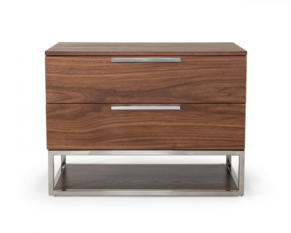 HomeRoots Veneer, Stainless Steel Contemporary Walnut and Stainless Steel Nightstand with Two Drawers