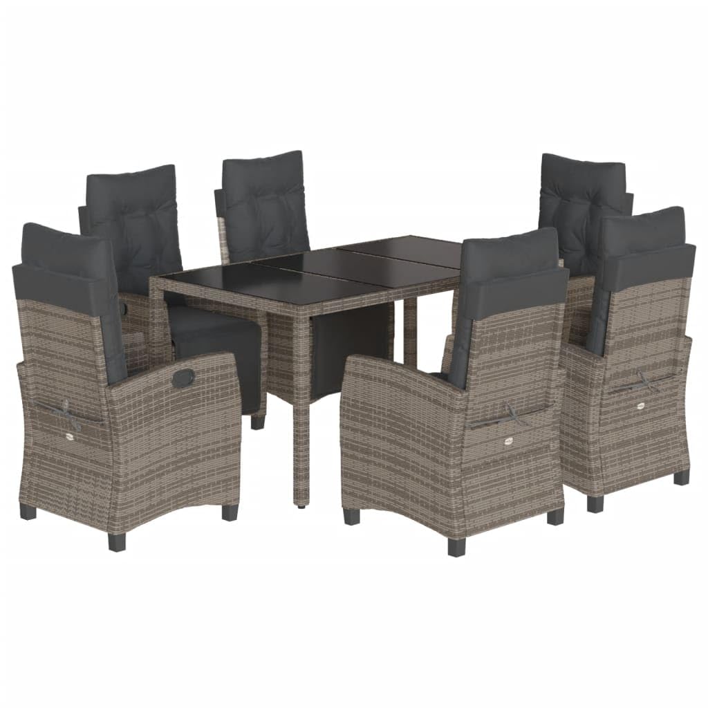 vidaXL 7 Piece Patio Dining Set with Cushions - Gray Poly Rattan, Adjustable Backrests, Tempered Glass Tabletop, Outdoor & Garden Furniture