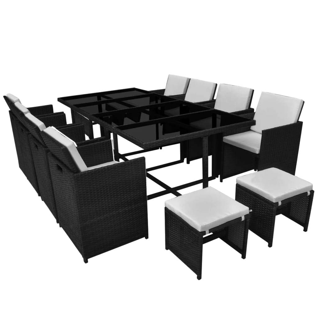 vidaXL Patio Furniture Set 13 Piece, Table and Chair for Garden Balcony Porch, Outdoor Dining Set with Cushions, Stool, Poly Rattan Black