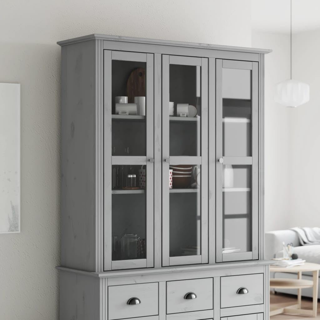 vidaXL Cabinet, Kitchen Storage Cabinet with Glass Doors, Sideboard for Living Room, Highboard, Modern Style, BODO Grey Solid Wood Pine