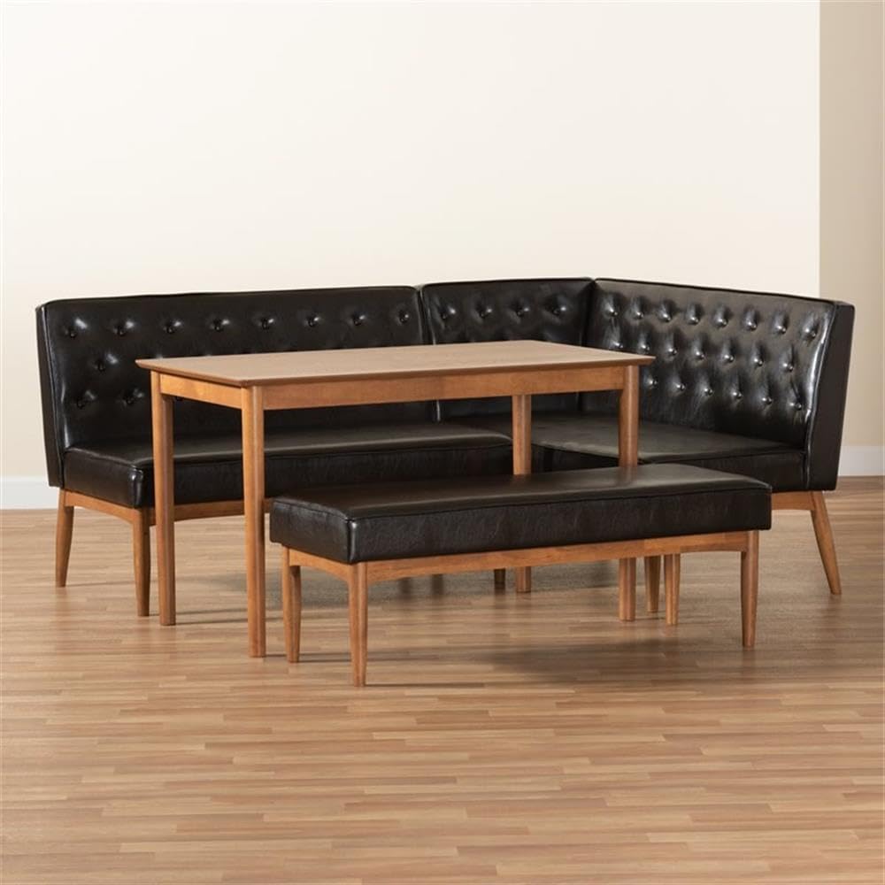 Baxton Studio Riordan Mid-Century Modern Dark Brown Faux Leather Upholstered and Walnut Brown Finished Wood 4-Piece Dining Nook Set