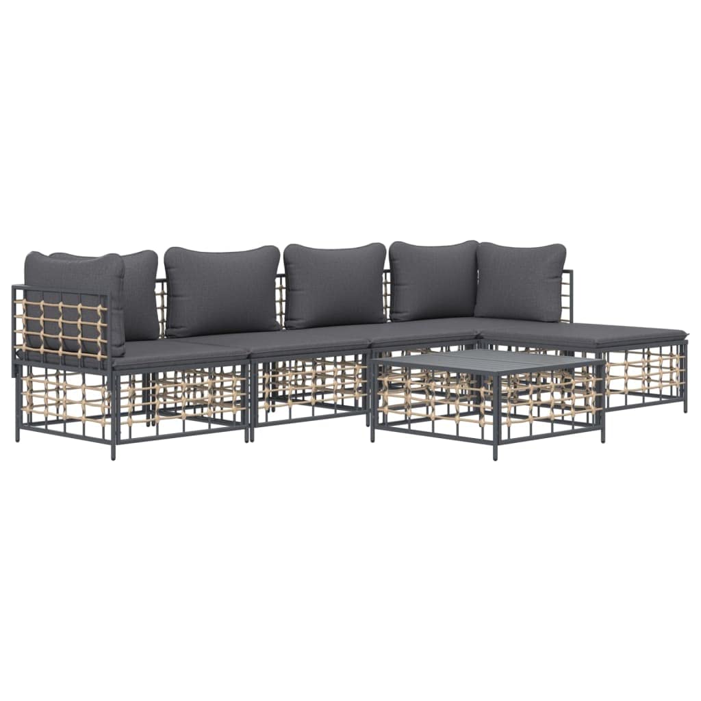 vidaXL - 6 Piece Patio Lounge Set with Cushions - Anthracite Poly Rattan, Sturdy Powder-Coated Steel Frame - Modular Configured 
