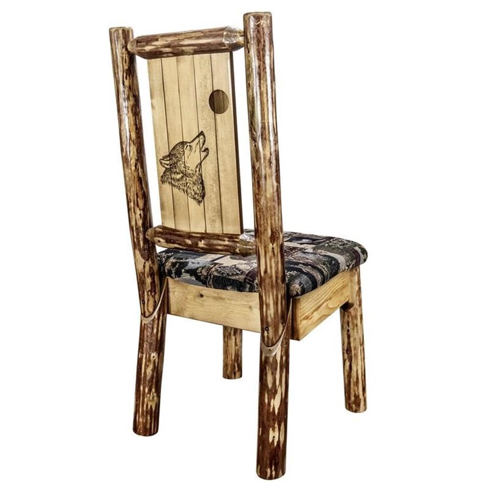 Montana Woodworks Glacier Country Collection Side Upholstered Chair, Woodland Pattern with Laser Engraved Wolf Design, Stained and Lacquered