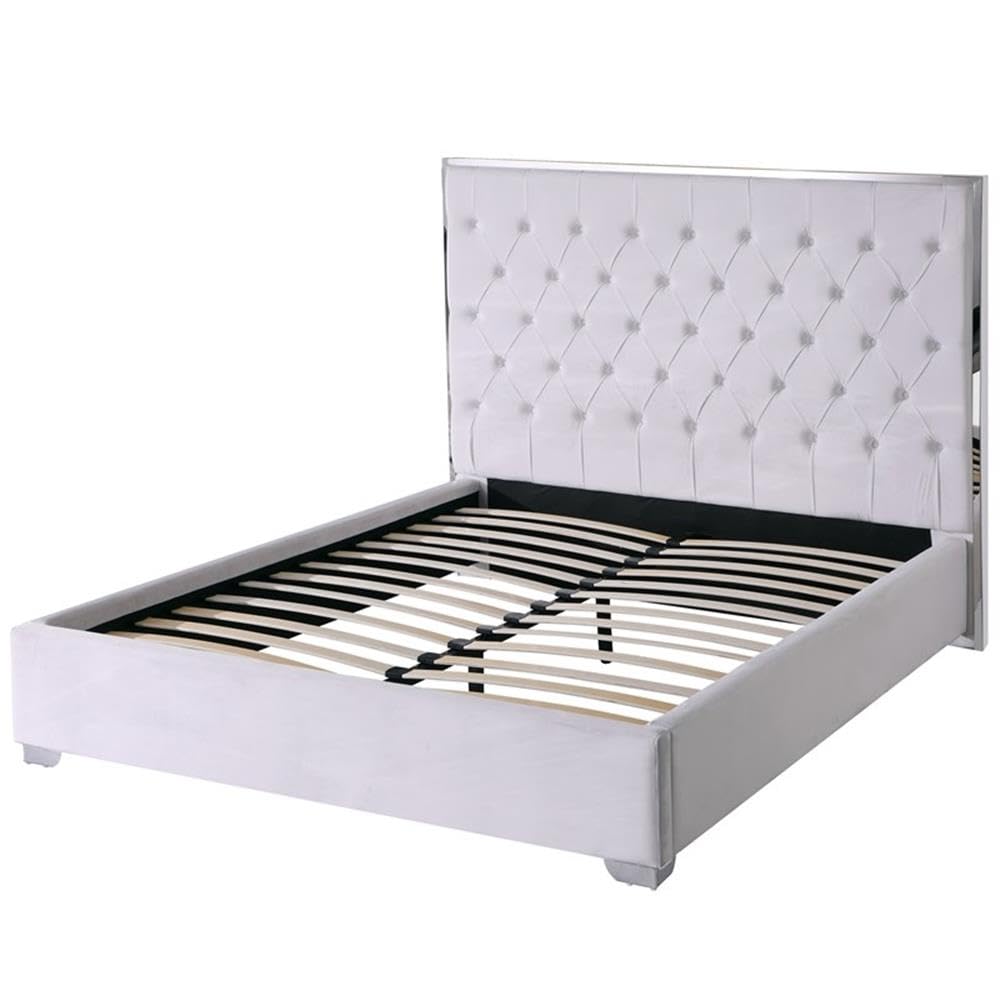 Best Master Furniture Kressa Velvet Fabric Tufted King Platform Bed in Cream