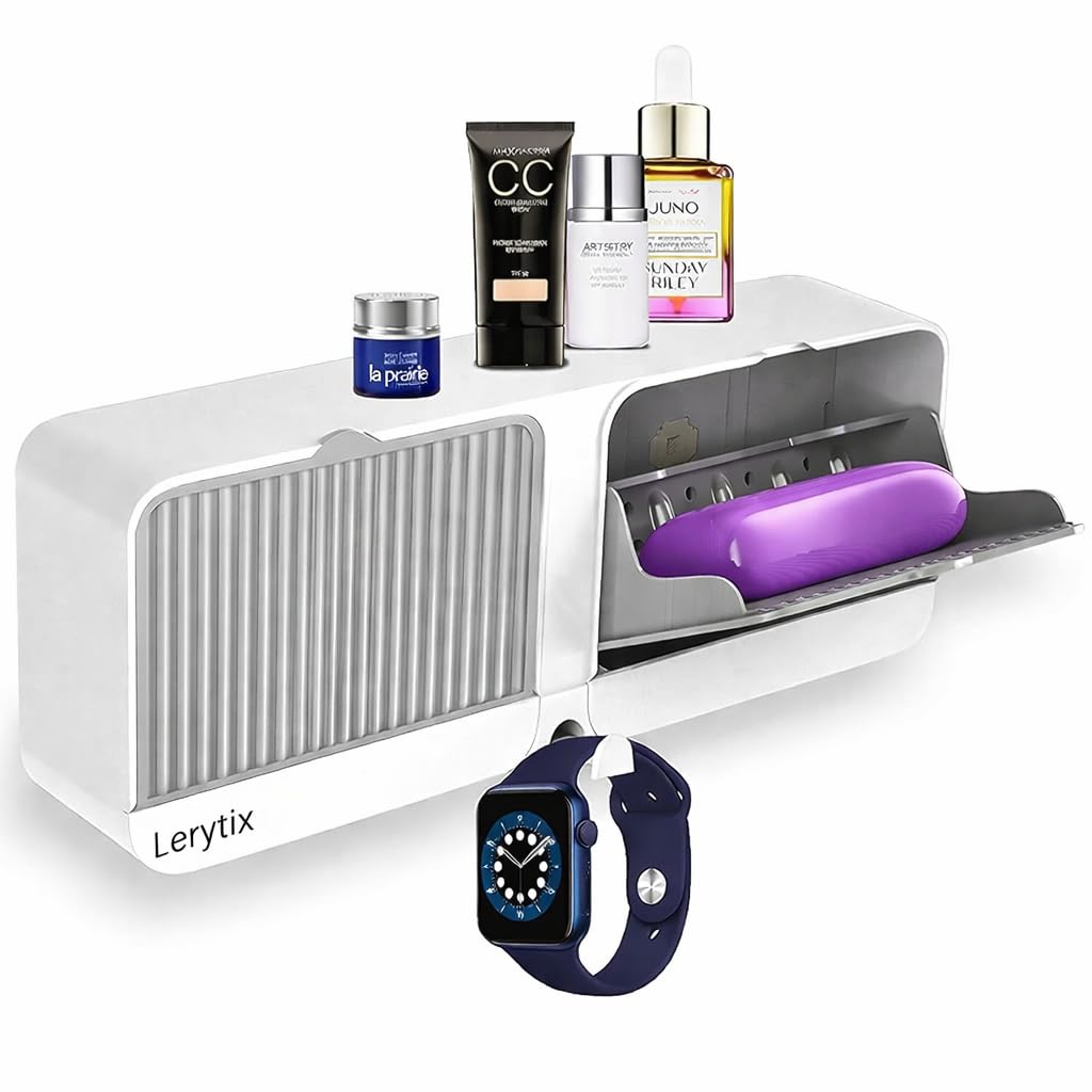 Lerytix WallMounted Storage Organiser, White, With Roller Shutter, Hook, And Top Shelf For Cosmetics