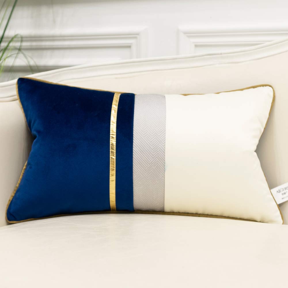Avigers 12 X 20 Inches Navy Blue White Gold Leather Striped Patchwork Velvet Cushion Case Luxury Modern Throw Pillow Cover Decor