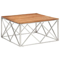vidaXL Modern Square Coffee Table - Solid Acacia Wood & Silver Stainless Steel, Spacious Top, Stain-Resistant Surface - 39.4"x39.4"x19.7"