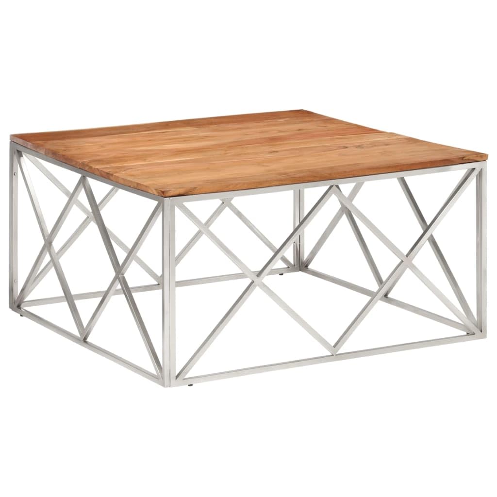 vidaXL Modern Square Coffee Table - Solid Acacia Wood & Silver Stainless Steel, Spacious Top, Stain-Resistant Surface - 39.4"x39.4"x19.7"